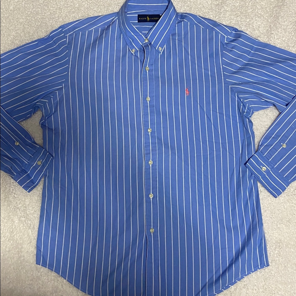 Ralph Lauren Shirt Mens Sz L Custom Fit Oxford Striped Button Down Logo Blue